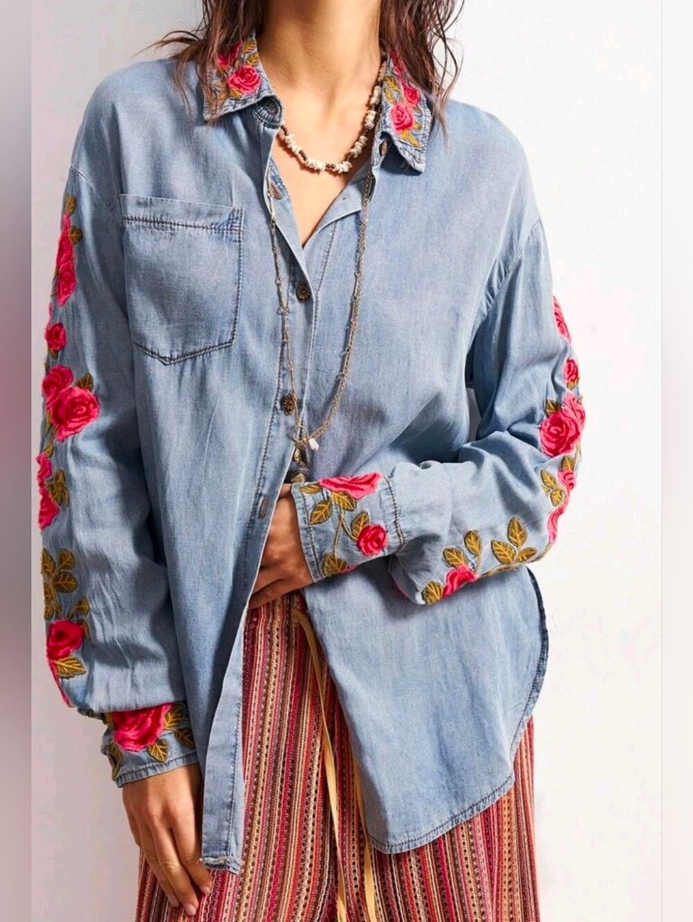 New Boho Embroidered Rose Floral Button Down Shirt Blue Denim Red Pink Green - Picture 2 of 11